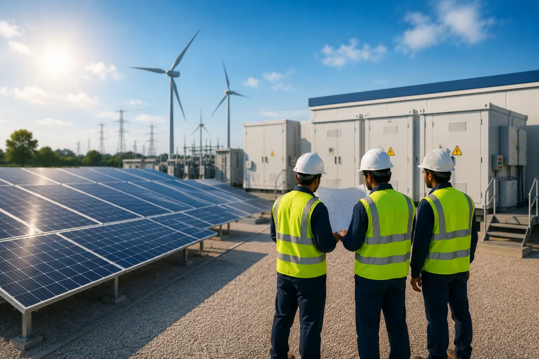 Reams Energy technicians reviewing plans at a solar and storage site